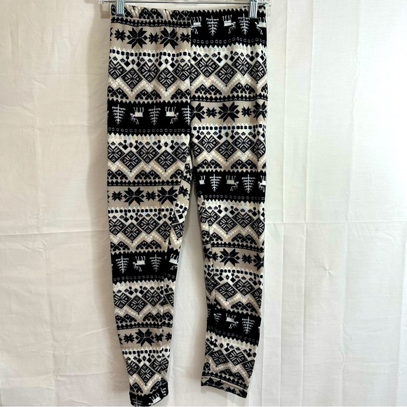 Womens Snowflake Holiday Fleece Lined Leggings Black Cream - Picture 1 of 4